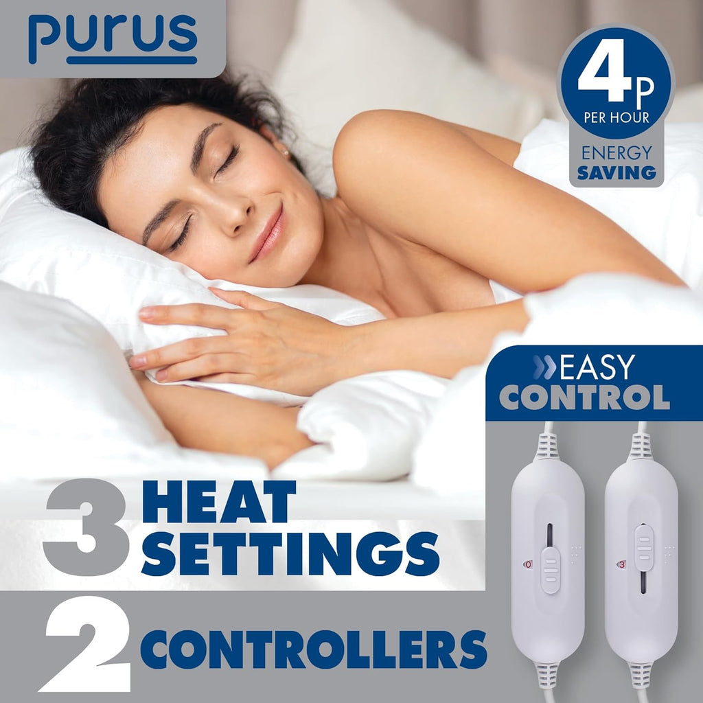 Purus Double Electric Blanket | 3 Heat Settings | Soft Polyester 193x137cm