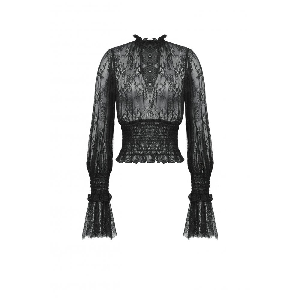 Dark in Love Aoife Black Victorian Lace Top – Gothic Pleated Waist Blouse