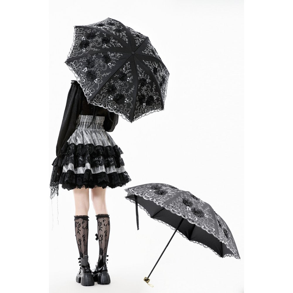 Dark in Love Belladonna Embroidered Folding Parasol – Black Gothic Sunshade