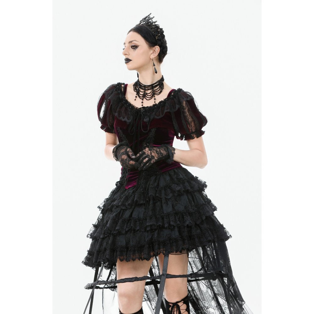 Dark in Love Isolde Velvet & Lace Puff Sleeve Bolero – Wine Red