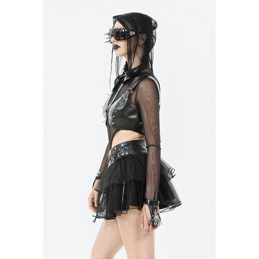 Dark in Love Black Tulle Layered Goth Mini Skirt with Studded Waist
