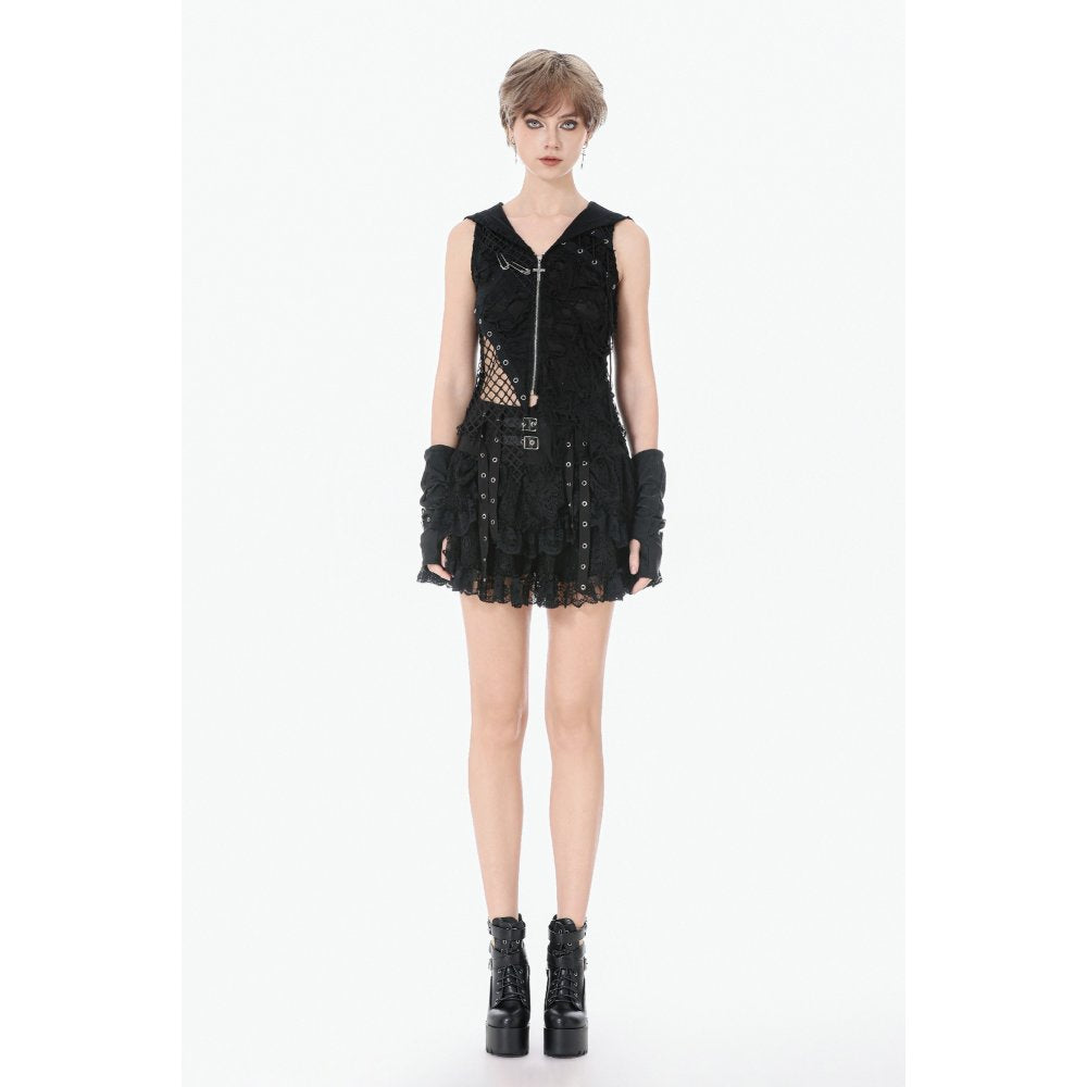 Dark in Love Black Punk Eyelet Lace Layered Mini Skirt with Buckles