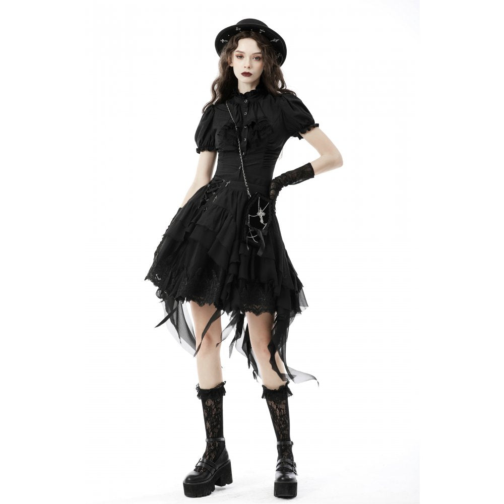 Dark In Love Sinead Black Gothic Blouse – Short Puff Sleeve Ruffle Collar
