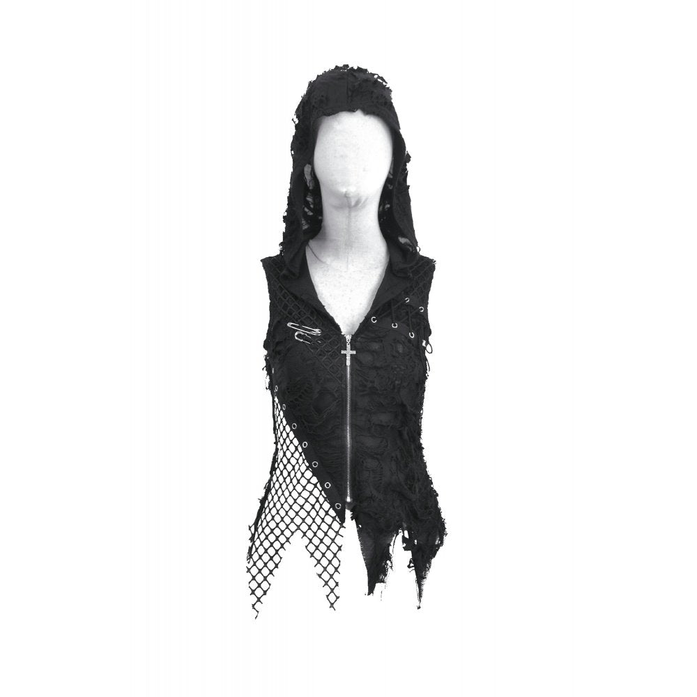Dark in Love Rebel Punk Asymmetric Hooded Top | Mesh & Eyelet Detail