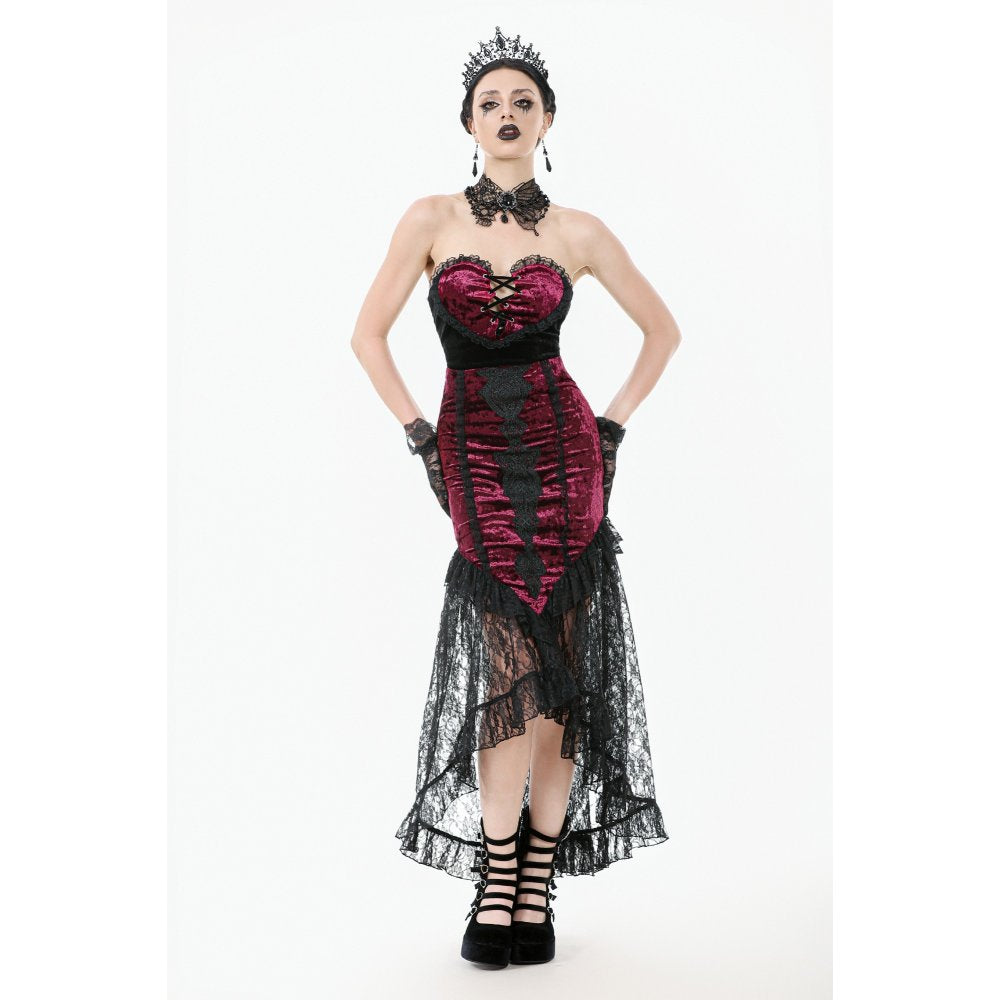Dark in Love Crimson Queen High-Low Goth Skirt – Burgundy Velvet & Lace