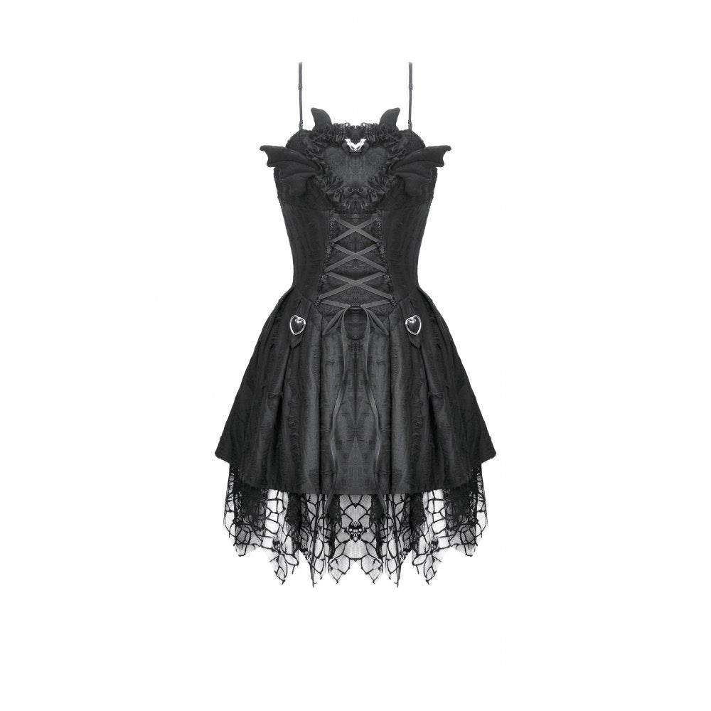 Dark in Love Mortalis Goth Dress – Black Lace-Up Spiderweb Hem