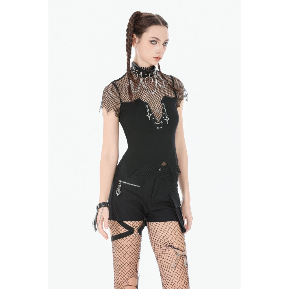 Dark in Love Dark Punk Mesh Chain Top | Gothic Fishnet High-Neck Shirt