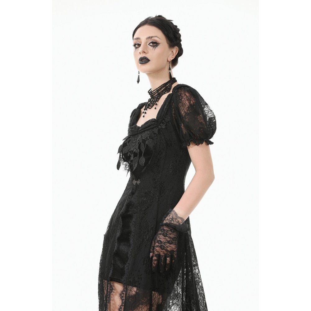 Dark in Love Morwenna Black Lace Gothic Maxi Dress with Train