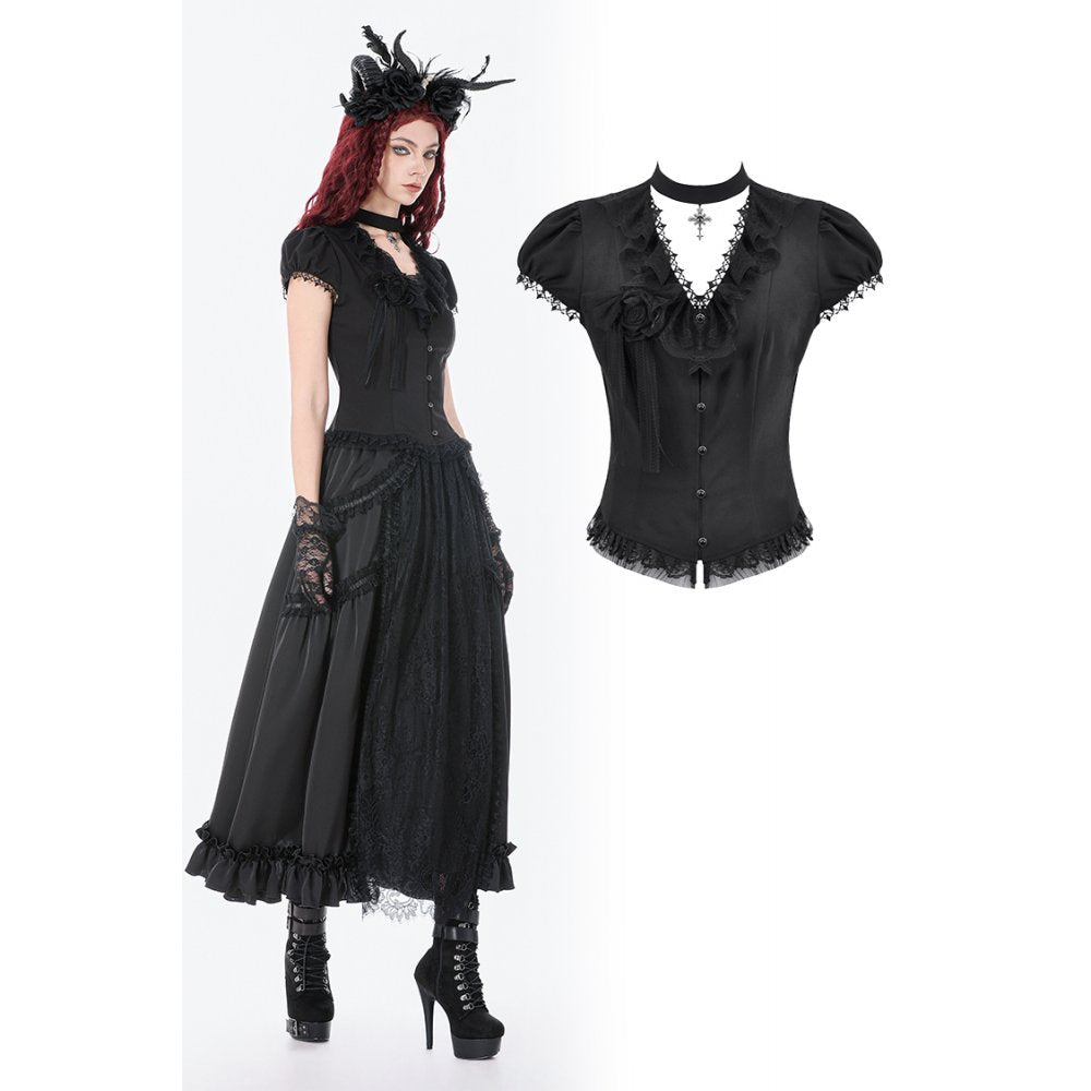 Dark in Love Courtly Cross Gem Gothic Blouse | Black Lace Puff Sleeve