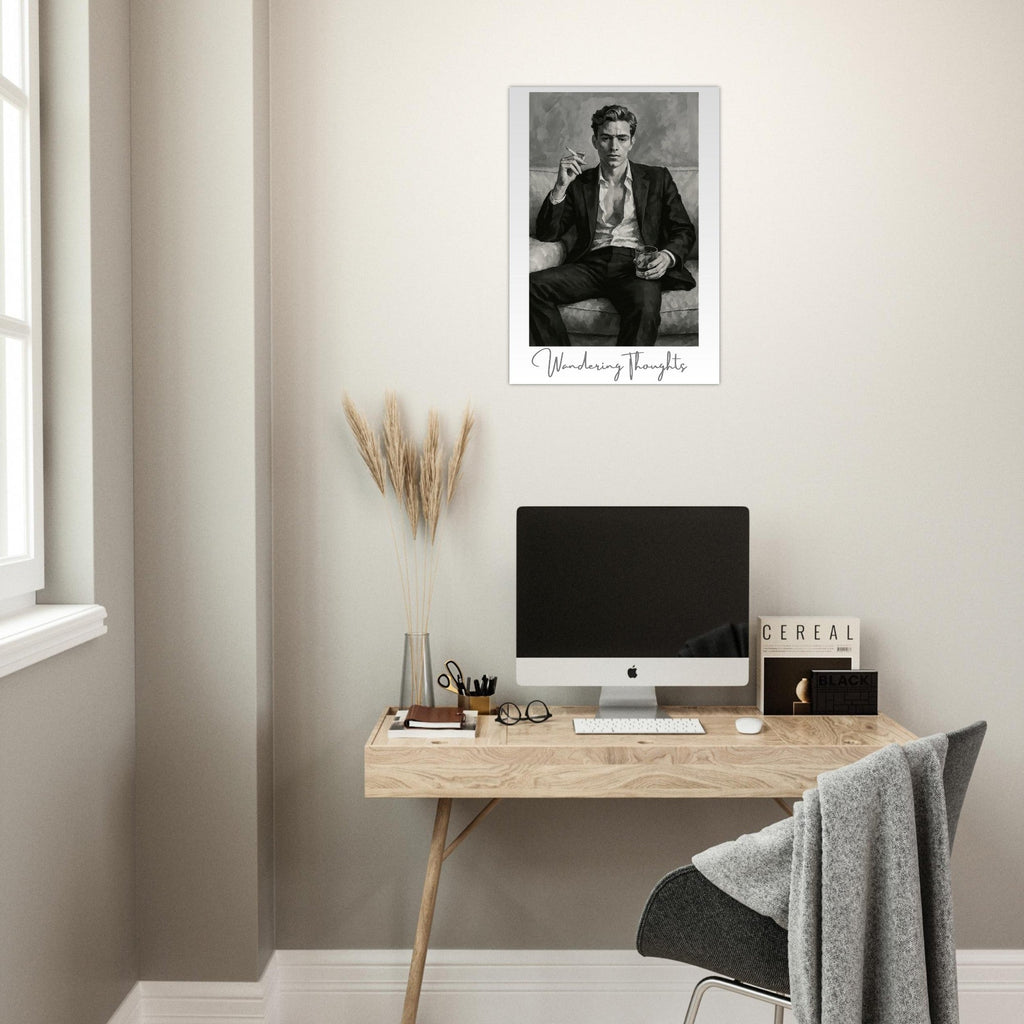 Contemplative Mood Poster. Stylish Man with Whiskey & Cigarette - Retro Decor