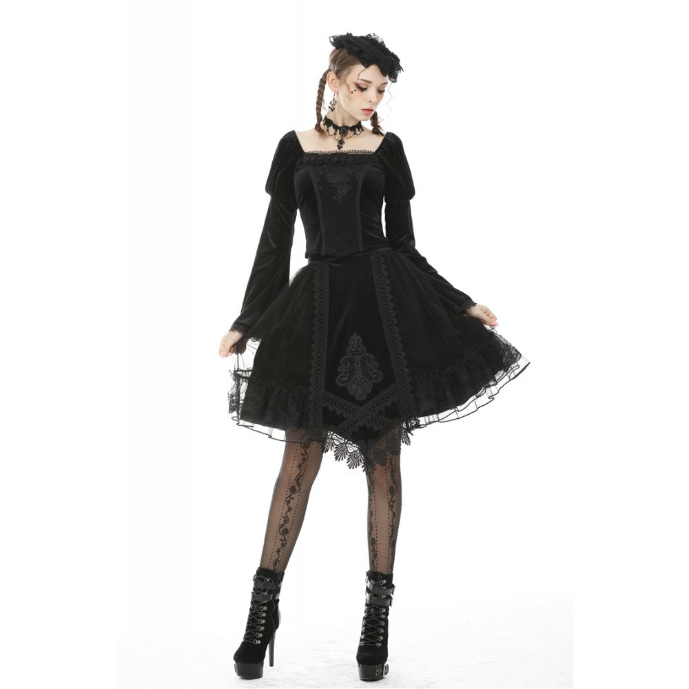 Dark in Love Melisandre Embroidered Velvet Mesh Goth Skirt - Black