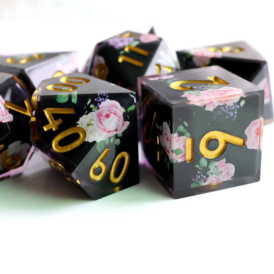 Floral Tsundere | Sharp Edge Dice | Resin | 7 Piece Set