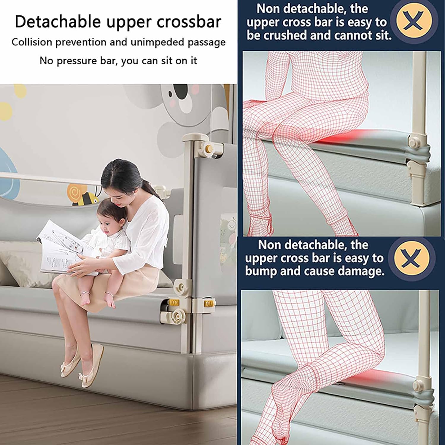 EAQ Toddler Bed Guard 150cm | No-Install Adjustable Gray Frog Rail