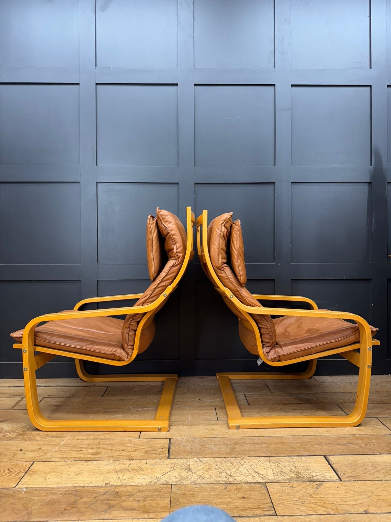 Vintage Pair Of IKEA Poäng Lounge Chairs with Footstool – Armchairs Tan Leather