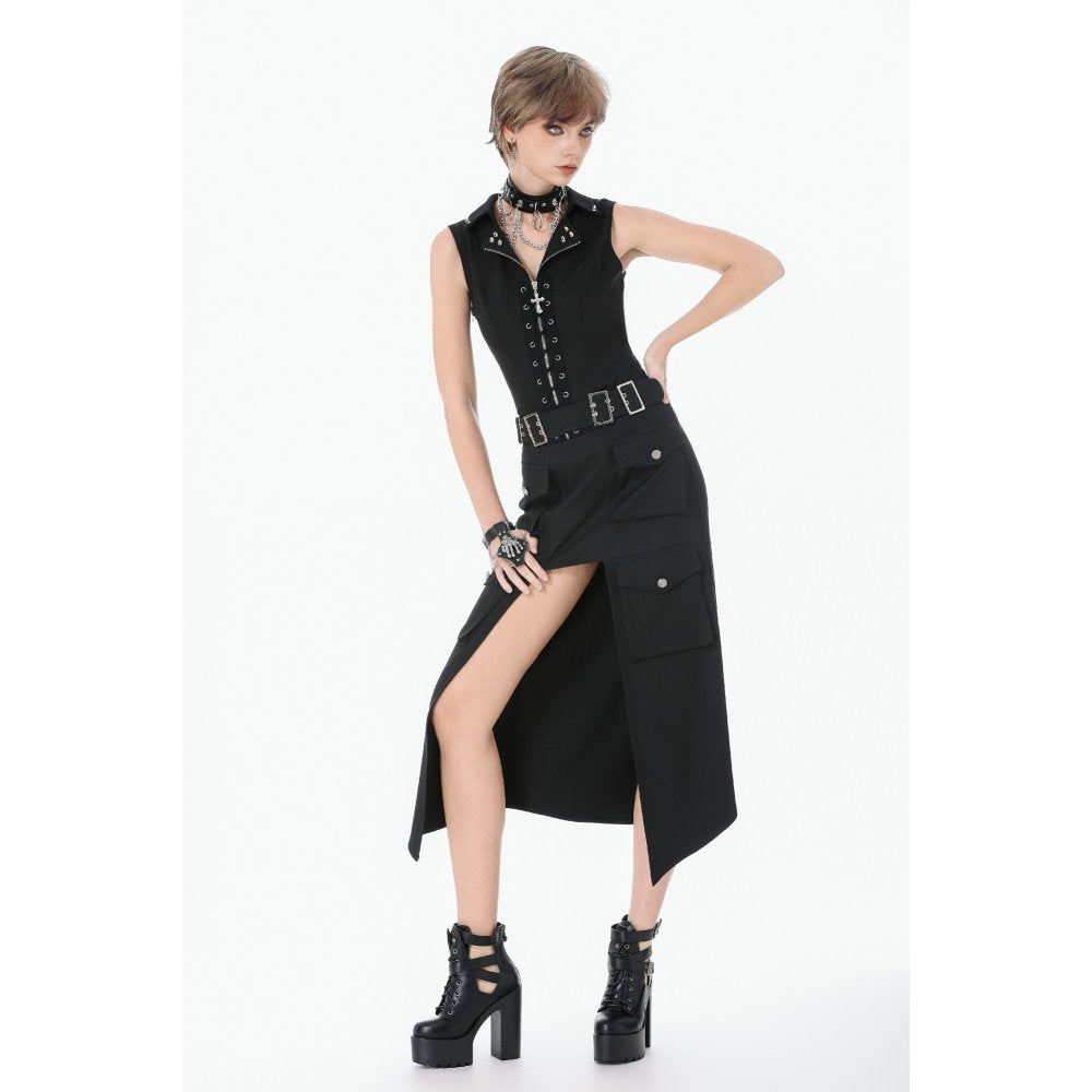 Dark in Love Black Punk Long Skirt – Layered Cutout Belted Gothic Skirt