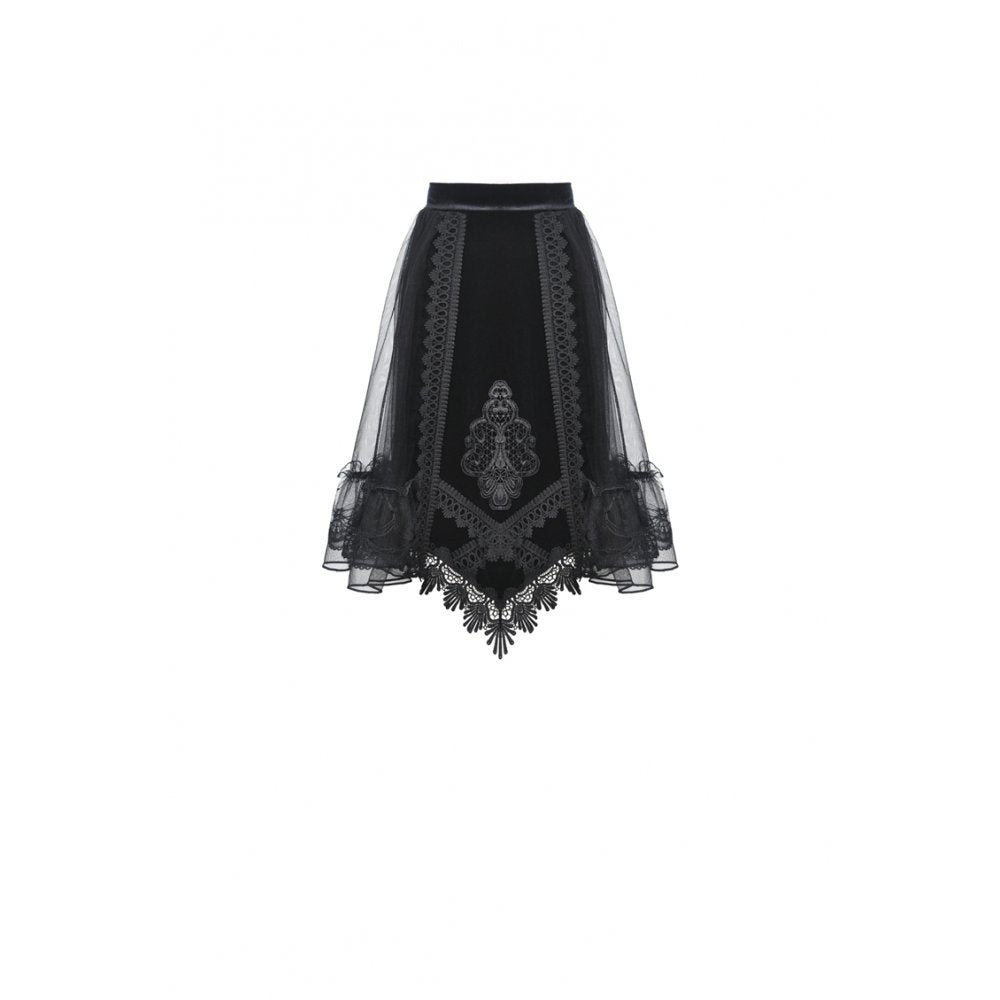 Dark in Love Melisandre Embroidered Velvet Mesh Goth Skirt - Black