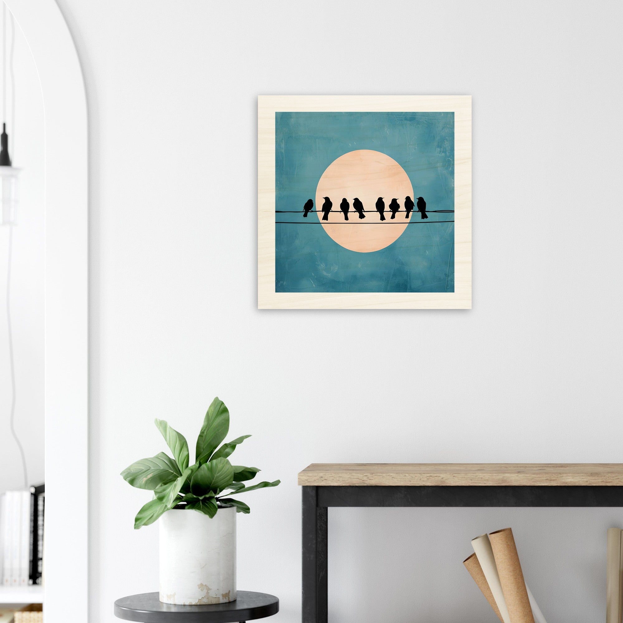 Birds on a Wire Wooden Wall Art - Minimalist Sunset Silhouette Print - Rustic Home Decor