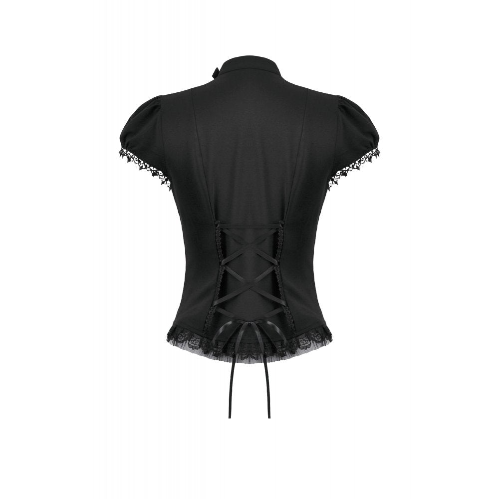 Dark in Love Courtly Cross Gem Gothic Blouse | Black Lace Puff Sleeve