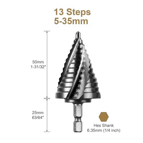 SALI M35 Cobalt Step Drill Bit | 5-35mm Four Spiral Flute Hex Shank