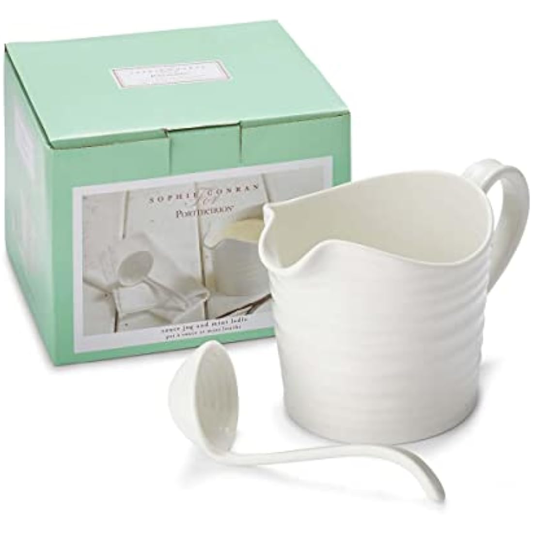 Portmeirion Porcelain Sauce Jug & Mini Ladle – White 0.60L Gravy Boat