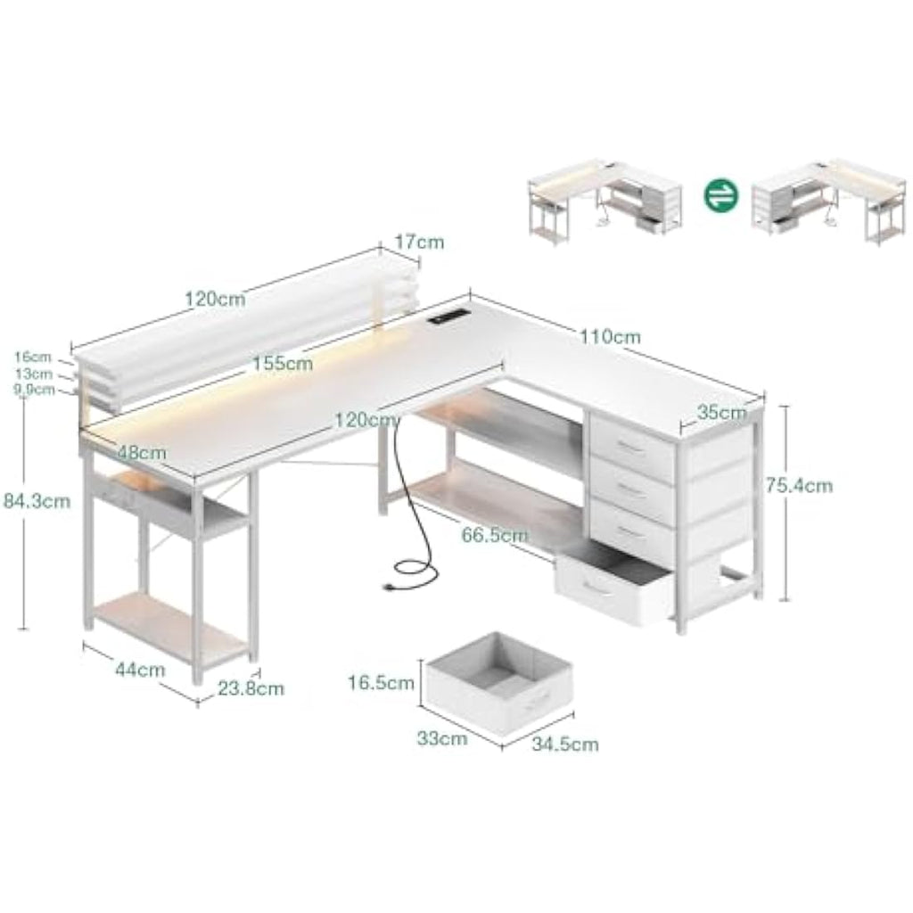 ODK L-Shaped Corner Gaming Desk with LED Lights & Drawers, White