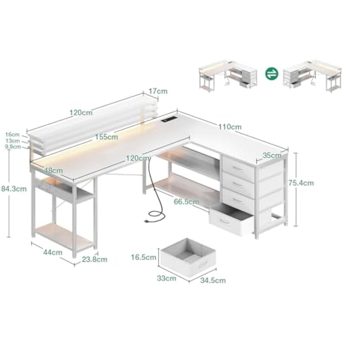ODK L-Shaped Corner Gaming Desk with LED Lights & Drawers, White
