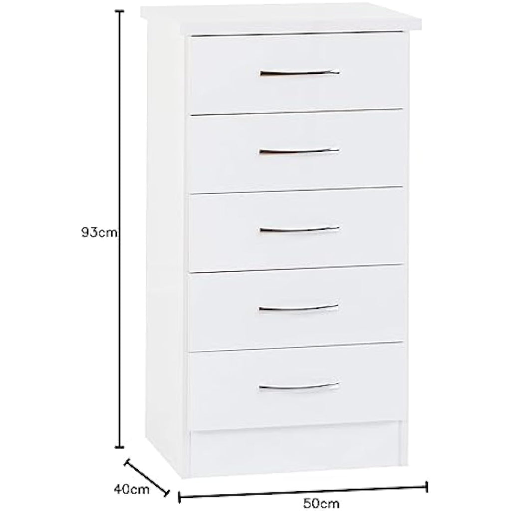 Seconique Nevada 5 Drawer Narrow Chest – White High Gloss Dresser
