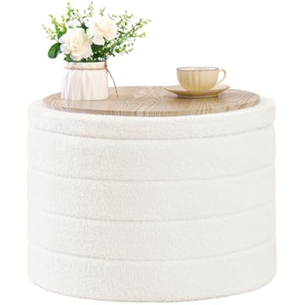 Bonlife Round Storage Ottoman – White Boucle Folding Coffee Table Stool