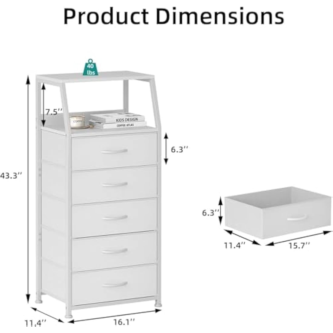 5-Drawer Fabric Dresser – Tall White Chest of Drawers