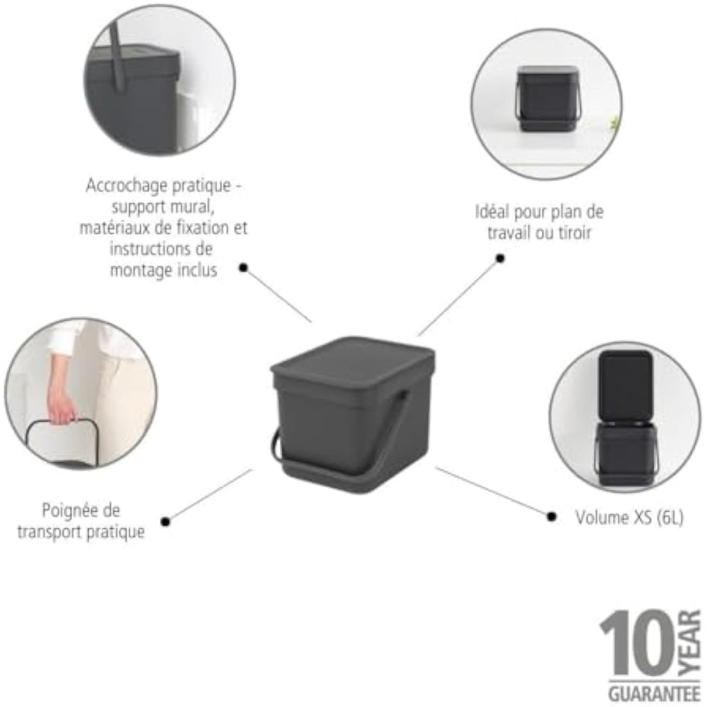 Brabantia Food Waste Bin – 6L Kitchen Compost Caddy with Wall Mount