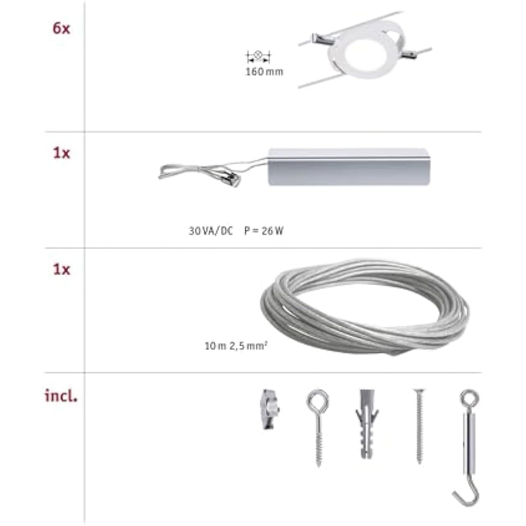 Paulmann RoundMac LED Wire System - 6 Spot Lights, 10m, White Matte