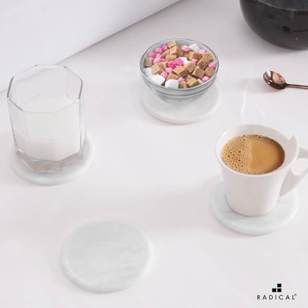 Radicaln White Marble Coasters Set of 6 with Holder – 3.5 Inch Round