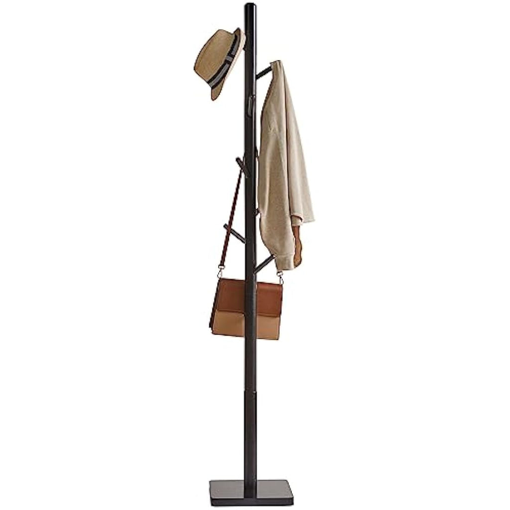 YMYNY Wooden Coat Rack Stand | 8 Hooks Height Adjustable Hall Tree - Black