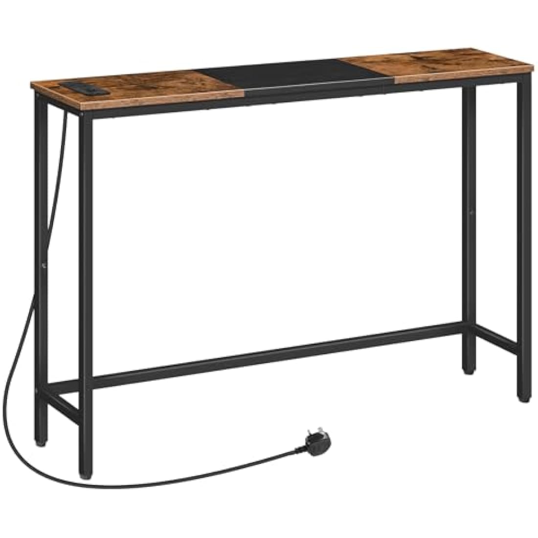 HOOBRO Slim Console Table with Charging Station | Rustic Brown and Black