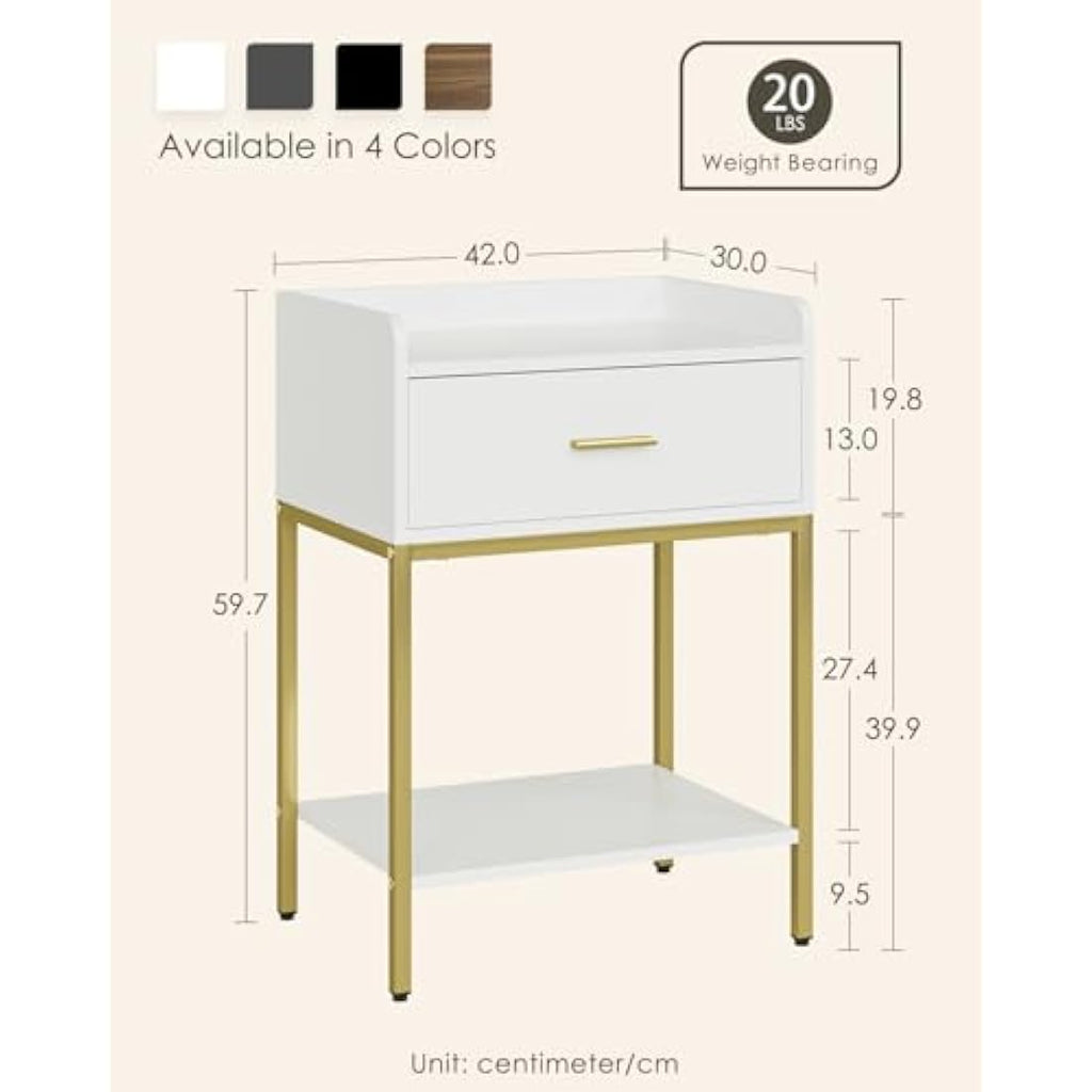 Modern Nightstand | 3-Tier White Bedside Table with Gold Legs