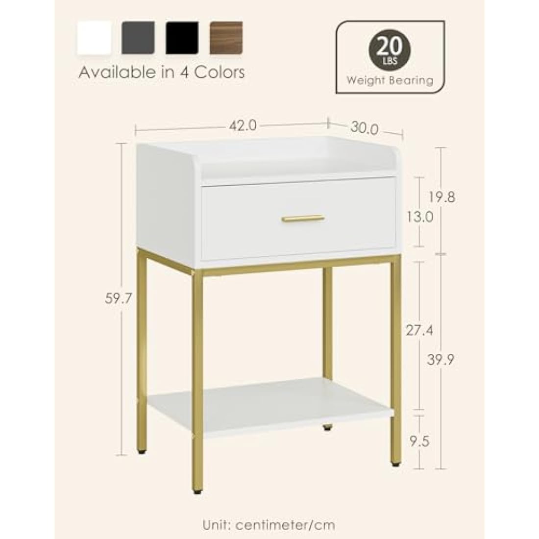 Modern Nightstand | 3-Tier White Bedside Table with Gold Legs
