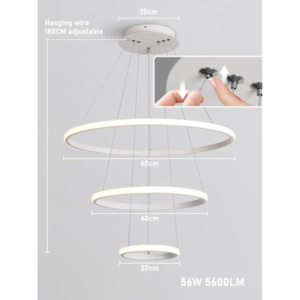 KAUCQI 3-Ring LED Chandelier | Dimmable Modern Pendant Light for Kitchen