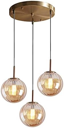 LFsem 3-Light Amber Ribbed Glass Globe Pendant Light | Modern Brass Chandelier