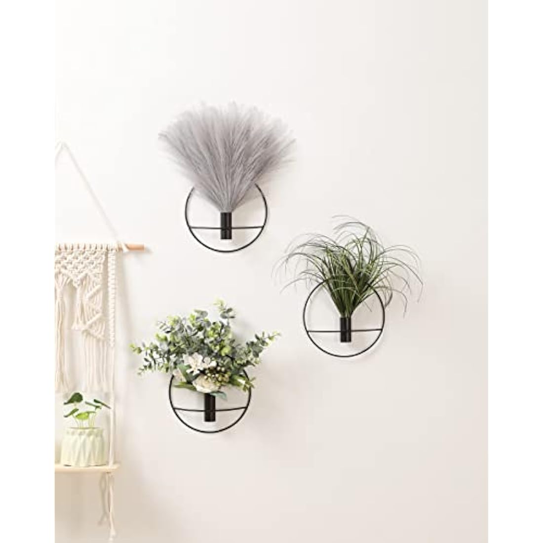 Pretty Jolly Metal Ring Wall Vase with Black Artificial Pampas - 2 Pack