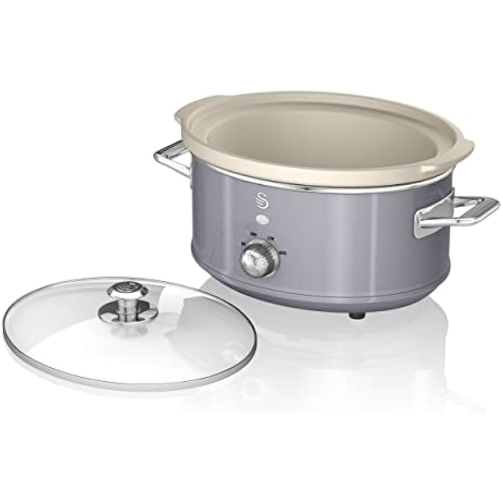 Swan Retro Slow Cooker – 3.5L Ceramic Pot with 3 Heat Settings, Grey