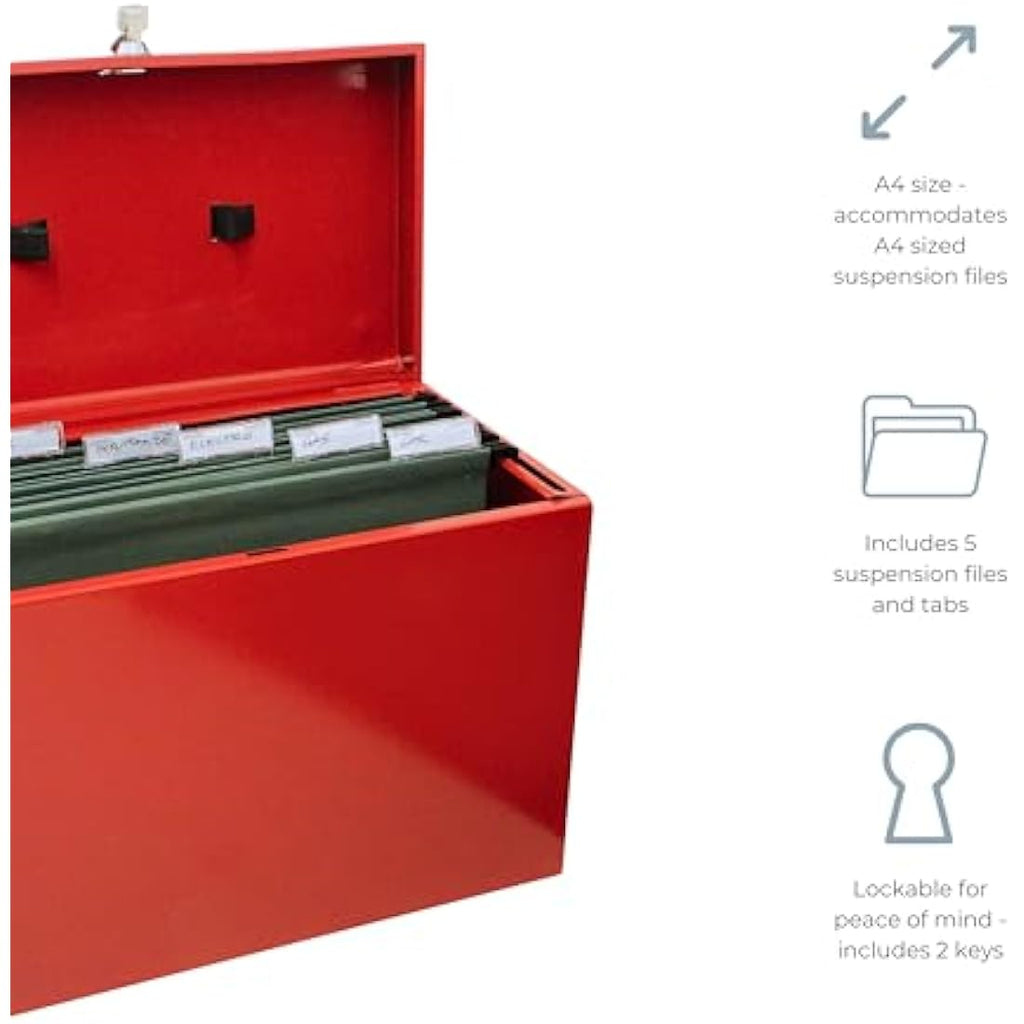 Cathedral A4 Steel File Box with 5 Suspension Files & Lock – Red