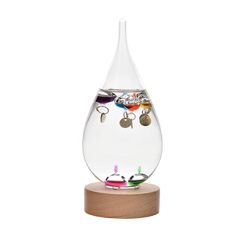 Widdop Galileo Thermometer – Tear Drop Glass on Wooden Stand, 19.5cm