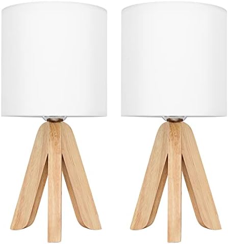 UOMIO Wooden Tripod Table Lamps Set of 2 | Fabric Shade Bedside Lights