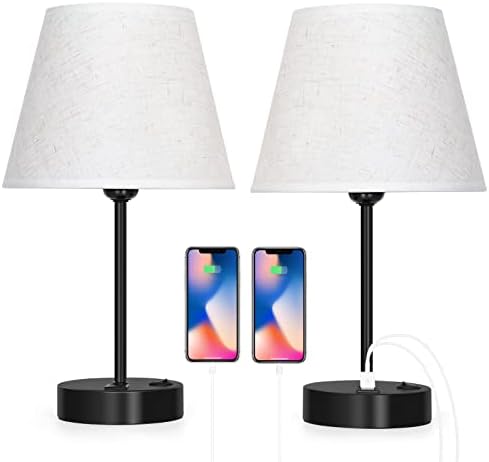 LIANTRAL Bedside Lamps Set of 2 | USB Charging Ports & Linen Shades