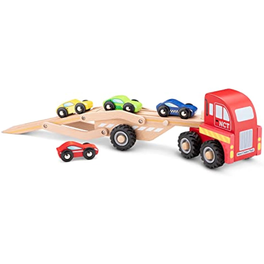New Classic Toys Wooden Car Transporter - Montessori Toy with 4 Cars