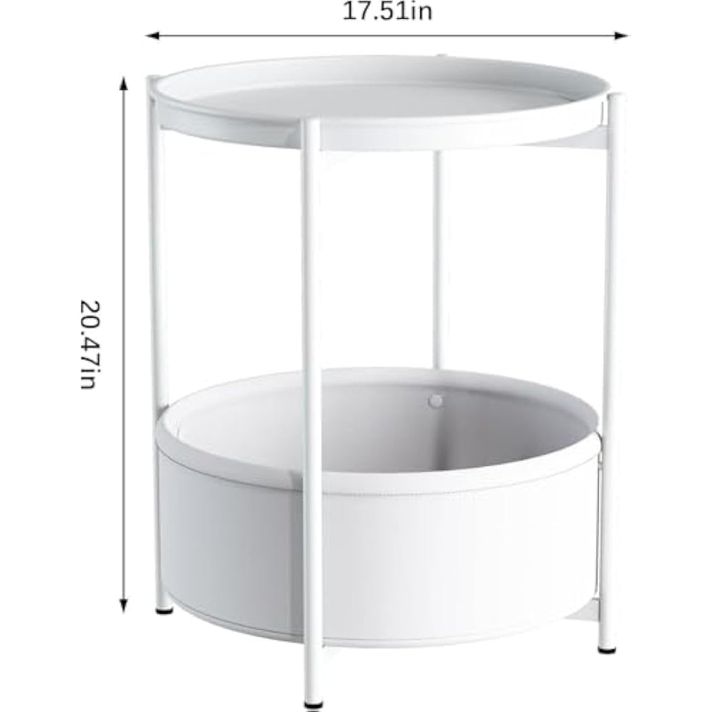 Round End Table with Storage Basket and Removable Tray – White