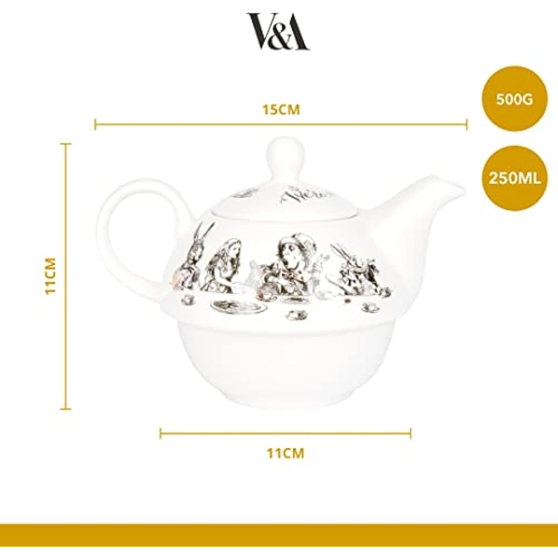 V&A Alice in Wonderland Tea for One Set - Fine China Teapot & Cup, 250ml