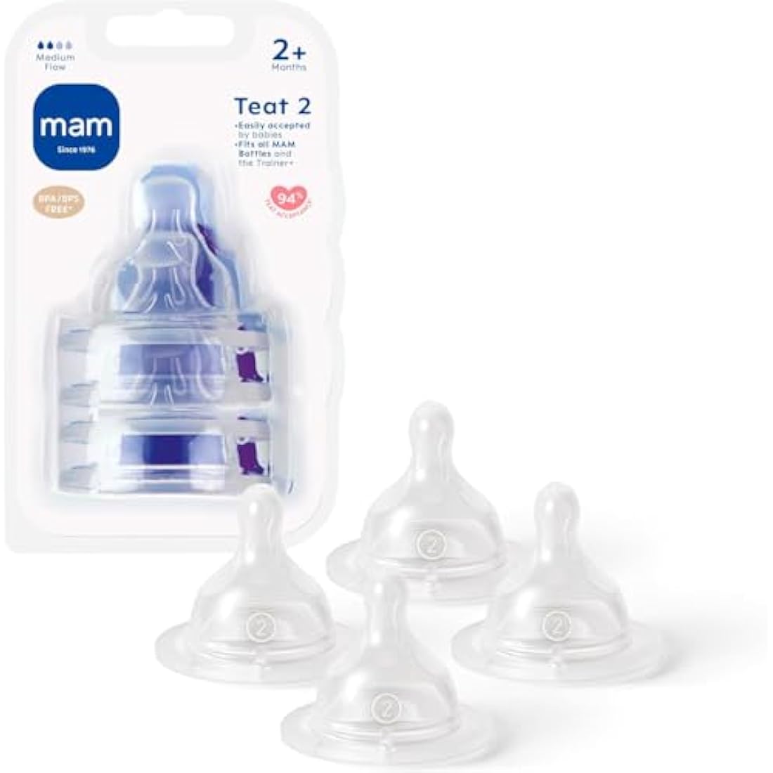 MAM Teats Size 2 Medium Flow - SkinSoft Silicone Bottle Nipples (4 Pack)
