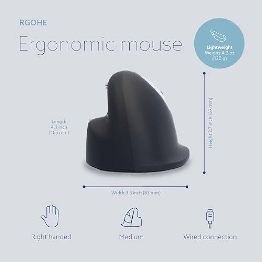 R-Go HE Ergonomic Vertical Mouse | Wired, Right Handed, Medium, Black