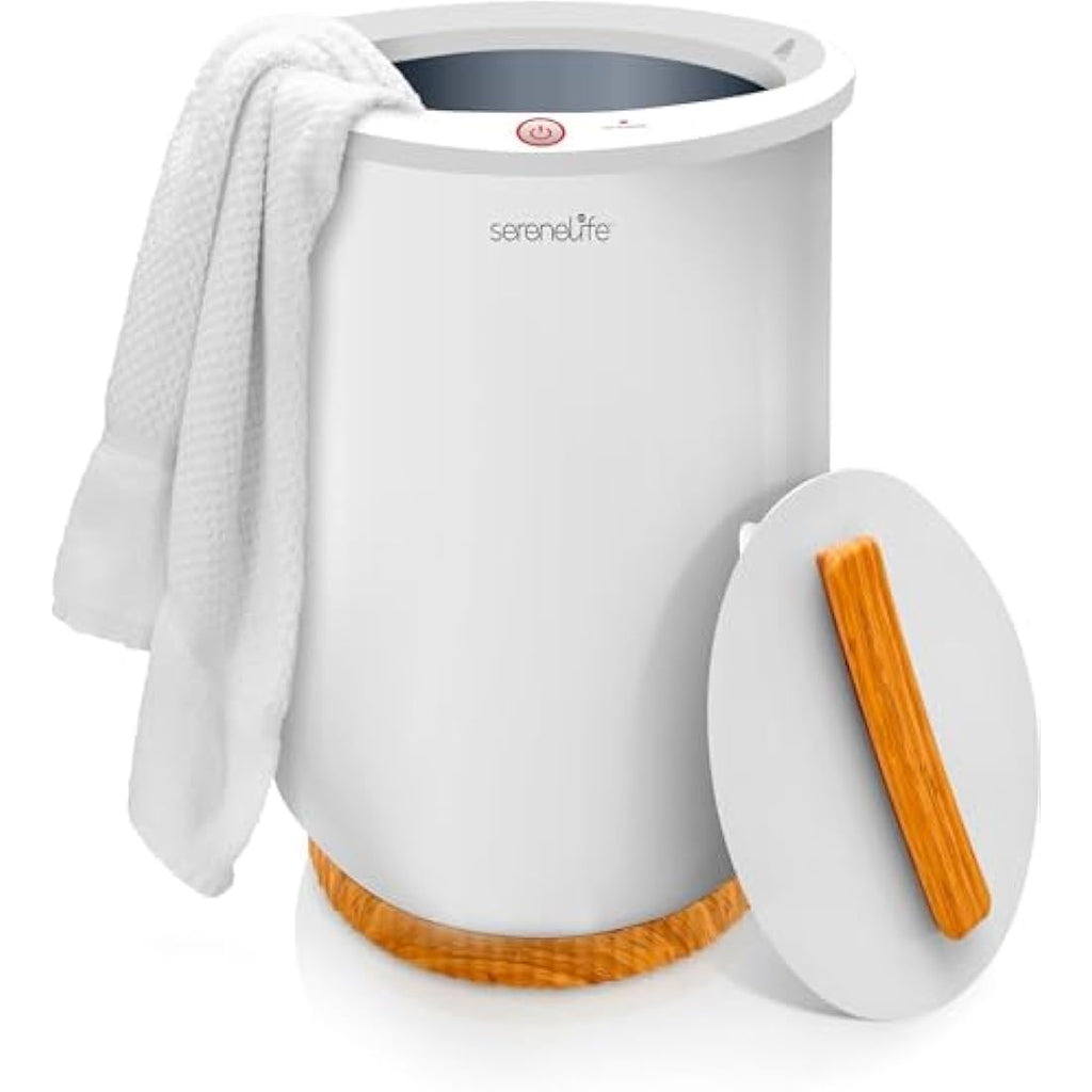 SereneLife Bucket Towel Warmer – Large White Spa Heater with Bamboo
